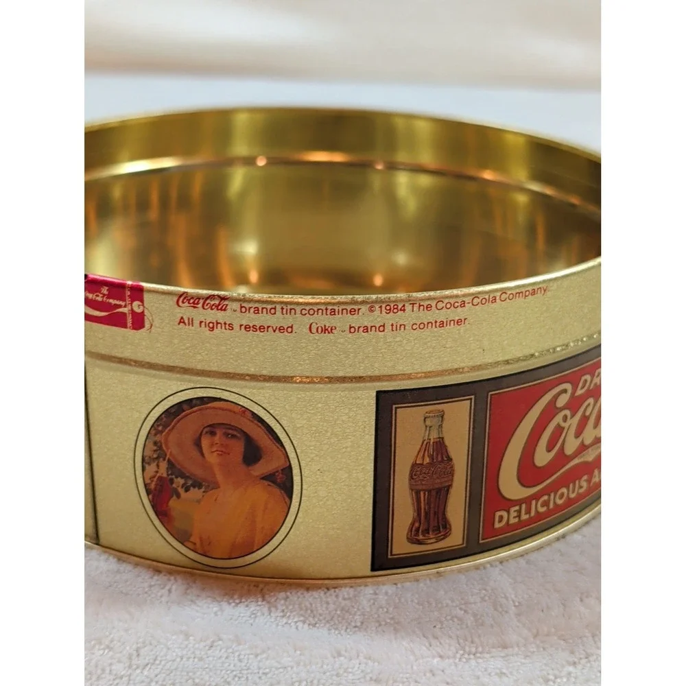 Vintage 1984 Coca-Cola Collectible Tin Girl With Hat Bristol Ware Round Gold 6in